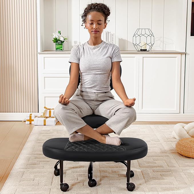 Ergonomic Cross Legged Office Chair with Wheels - Adjustable Height for Meditation, ADHD Desk & Yoga - Wide Criss Cross Design with Lumbar Support, Kneeling Chair - Upgraded Black