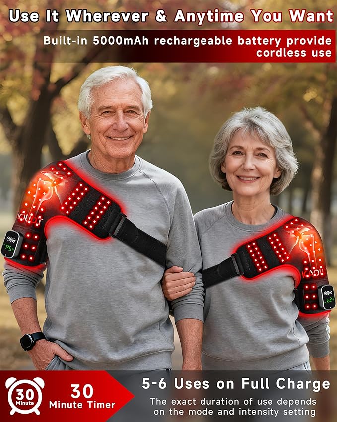 Cordless Red Light Therapy for Shoulder with Vibration Massage, 5000mAh Rechargeable Heated Shoulder Pad Massager, 660nm&850nm Near Infrared Light Therapy for Joint Pain Relief (Black)