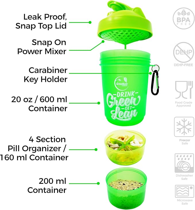 GreeNatr Shaker Bottle with Stackable Compartments - 22 Ounce Bottle + Pill Organizer + 2 Storage Compartments