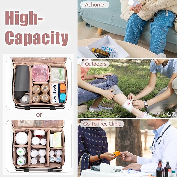 Yarwo Double Layers Medicine Pill Bottle Organizer Empty, Lockable Medication Travel Storage Bag with 5 Customized Dividers for Emergency Home Outdoor First Aid Supplies, Black
