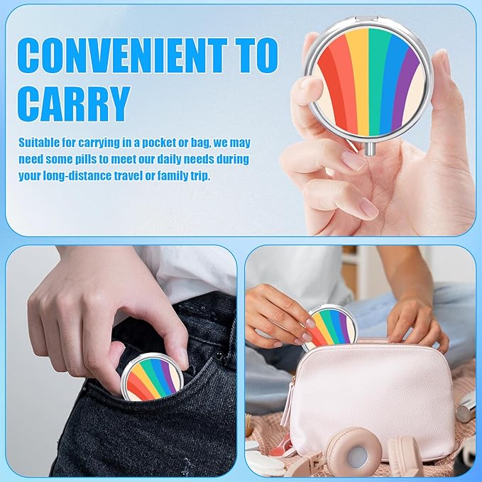 LGBTQ Colroful Rainbow Pill Case, Pill Box 3 Compartments Metal Small Pill Holder with Mirror Mini Travel Pill Container for Purse Pocket Women Men