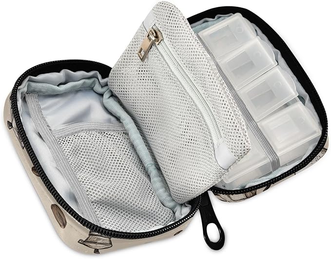 Beige Donut Coffee Cups and Moka Pots Travel Pill Organizer Case Box Container Weekly Portable Vitamin Medicine Holder Storage Bag with Zipper Removable