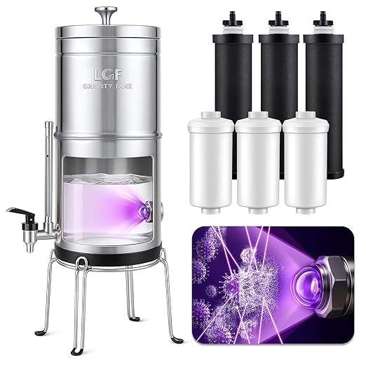 LCF 𝐒𝐢𝐥𝐯𝐞𝐫 𝐈𝐨𝐧𝐬 Enhanced UV-C Gravity Water Filter, Advanced Alternative to Berkey Water Filter System, NSF42 Standard, Reduces 99% Chlorine & Baçtёria, 6 Filters, Water Level Spigot, 3Gal