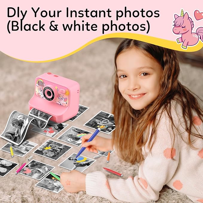 Instant Print Camera for Kids Age 3-12 Girls Boys 1080P HD Digital Video Cameras with 5 Print Paper & 32G Card Toddler Portable Travel Toys Camera for Christmas Birthday Gifts