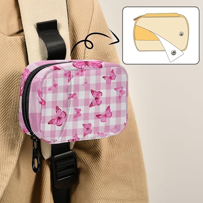 Checkered Pink and White Butterflies Travel Pill Organizer Case Box Container Weekly Portable Vitamin Medicine Holder Storage Bag with Zipper Removable