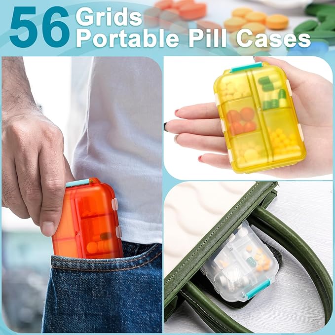 Mumufy 56 Pcs Travel Pill Organizer Bulk 10 Compartments Pocket Portable Pill Case Daily Box Dispenser for Vitamin Fish Oil Compartments Different Medicines, 8 Colors