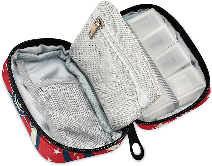 July 4th Statue of Liberty Red Travel Pill Organizer Case Box Container Weekly Portable Vitamin Medicine Holder Storage Bag with Zipper Removable