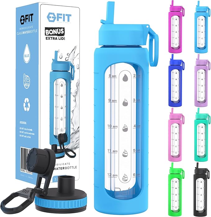 FIT Strong & Healthy 32 oz Glass Water Bottle with Straw Lid - Wide Mouth Borosilicate Glass Water Bottles with Time Marker, Silicone Sleeve & Extra Lid - 1L Large Motivational Drinking Bottle