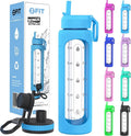 FIT Strong & Healthy 32 oz Glass Water Bottle with Straw Lid - Wide Mouth Borosilicate Glass Water Bottles with Time Marker, Silicone Sleeve & Extra Lid - 1L Large Motivational Drinking Bottle