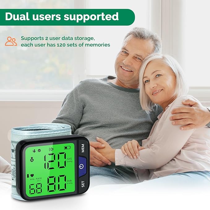 Wrist Blood Pressure Monitor for Home Use Automatic Wrist Bp Monitor with Voice, Digital 3 Color Backlit LCD Display 240 Readings for Dual Users Portable Adjustable Cuff Bp Machine