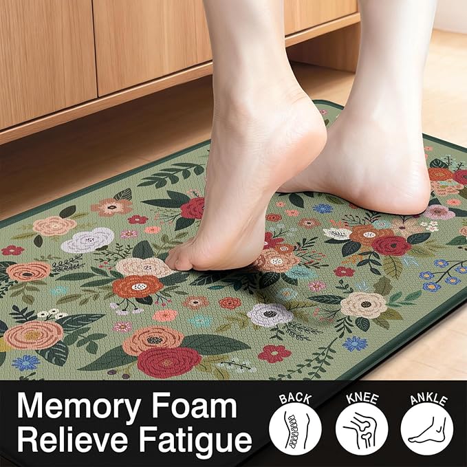 Anti Fatigue Boho Kitchen Rugs Set of 2, Floral Kitchen Mats for Floor, Farmhouse Kitchen Decor, Anti-Slip and Anti-Fatigue Foam Standing Mat,17x30 inch Sink Mat+17x48 inch Runner Rug Green