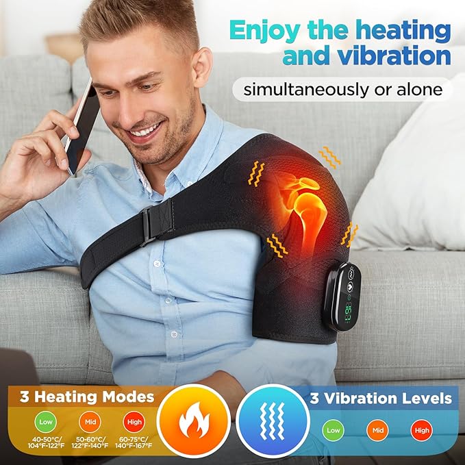 Cordless Shoulder Heating Pad, Heated Shoulder Wrap with Massage, Heated Shoulder Brace, Shoulder Massager for Pain Relief Deep Tissue (Black)