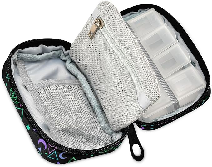 Magic Symbols Skulls Pill Box 7 Day Pill Case Travel Pill Organizer Bag Container for Medicine with Zipper Portable Weekly Case Compact Size for Medicine, Vitamin, Supplement