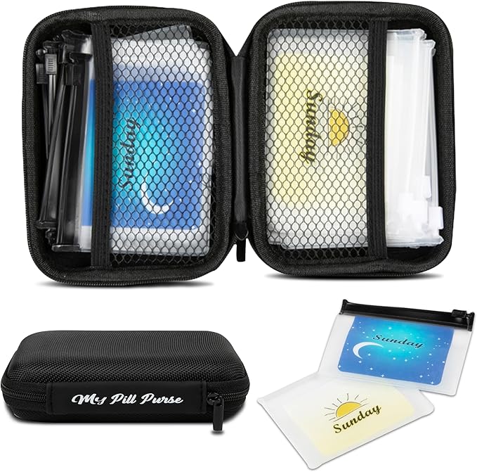 Day and Night Pill Organizer 14 Mini Pill Bags Color Coded, Labeled Days of The Week, Travel AM PM Pill Organizer 7 Day 2 Times A Day Small Med Wallet 4 X 5.5 X 1.50- Recommend Two if Lots of Pills