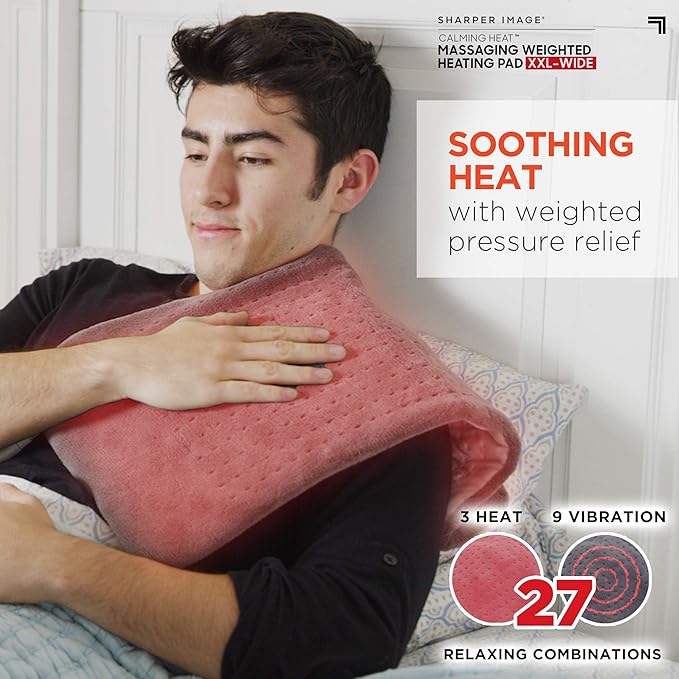 Calming Heat XXL Wide Massaging Vibrations Weighted Heating Pad by Sharper Image | Auto Shut-Off Feature, Gift for Holidays, Women & Men | 3 Heat, 9 Massage, 20” x 24”, 5 lbs