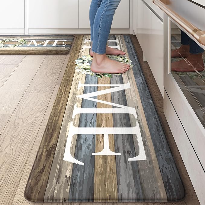 KIMODE Farmhouse Kitchen Floor Mats Cushioned Anti Fatigue,Memory Foam Rugs Non Slip Sets of 2,Long Waterproof Carpet for Sink Laundry Office Bathroom,Blue 17"x59"+17"x29"