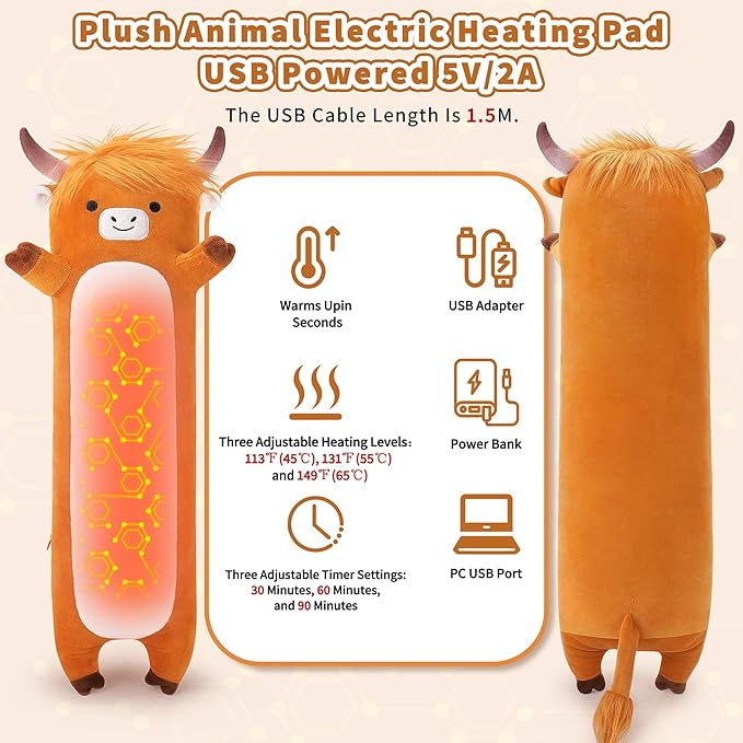Highland Cow Heating Pad for Period Cramps and Menstrual Pain Relief,USB Heating Pad Stuffed Animals-20” Electric Plush Heated,Cute Portable Electric Plushies Gifts for Women Teens Girls
