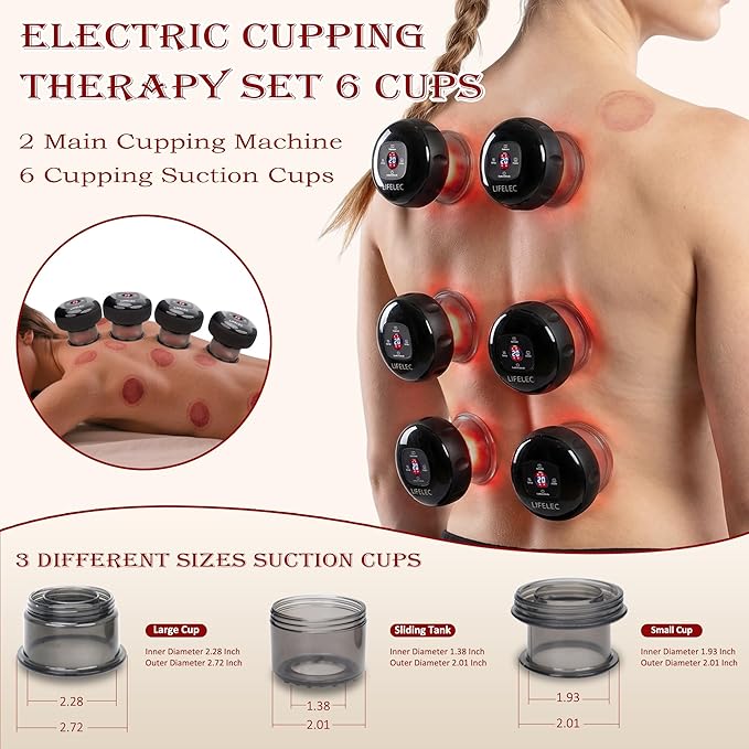 LIFELEC Smart Cupping Therapy Set - 6 Cups (Large/Press/Move), 12-Level Heat & Suction, Smart Red Light Therapy - Dual Massagers for Simultaneous Use - 2 Pack Set for Athletes, Fitness, Pain Relief