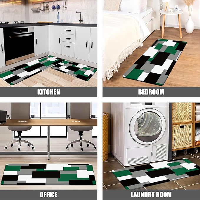 Green Kitchen Rugs Set of 2 Cushioned Anti Fatigue Kitchen Mats for Floor Non-Slip Waterproof Kitchen Floor Mats Geometric Ergonomic Cushioned Comfort Standing Mat for Laundry, Office, Sink