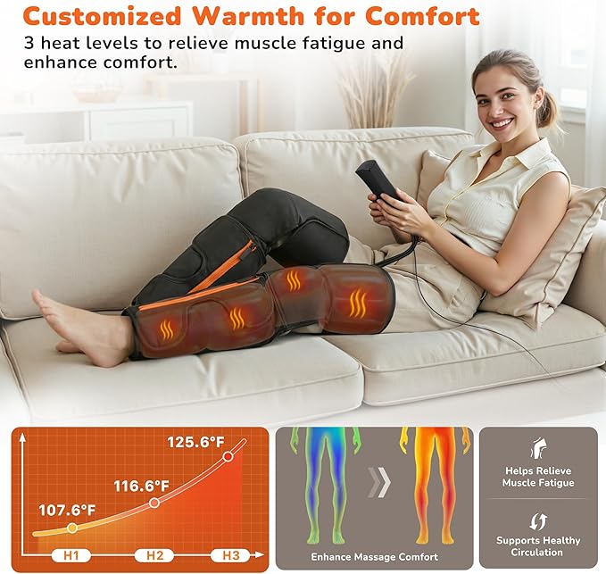 Air Compression Leg Massager with Heat : Calf, Knees & Thigh Recovery Compression System for Pain Relief & Circulation - Sequential Massager with 3 Heat,3 Modes & 6 Intensities for Daily Use