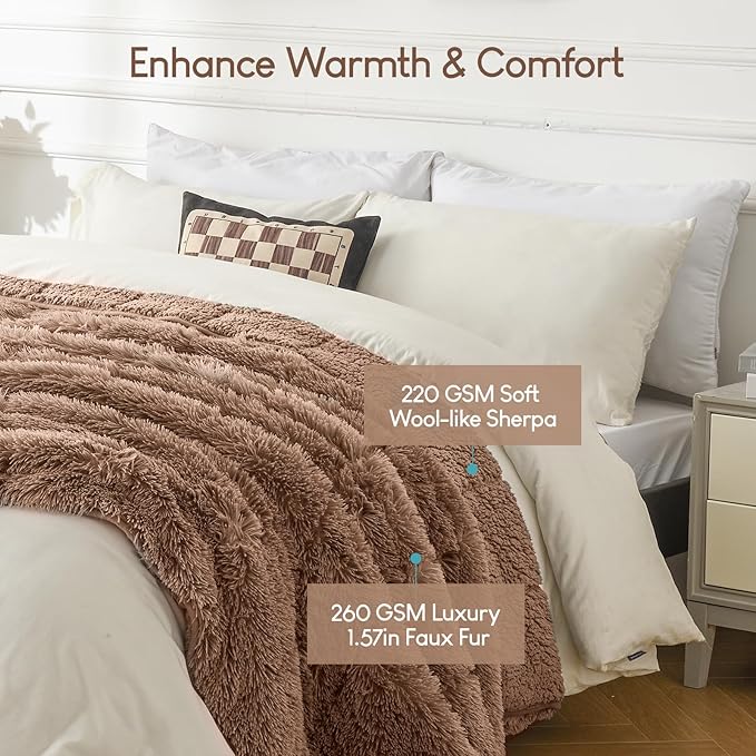 Cottonblue Weighted Blanket 20 lbs for Adults Queen Size, Luxury Sherpa Faux Fur Reversible Plush Weighted Blankets Throw 60x80 in, Snugly Long Fur Warm Heavy Blanket for Couch Sofa Bed, Brown/Khaki