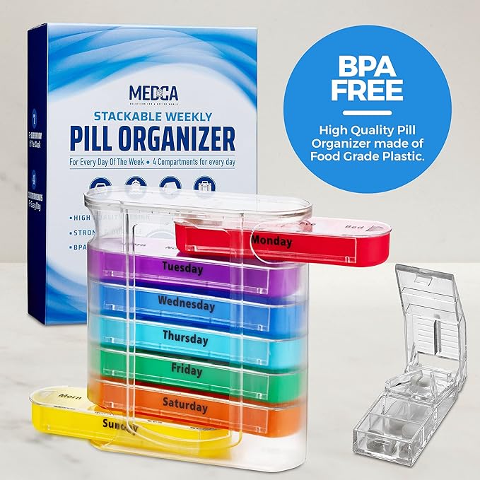 V-Grip Pill Splitter - Stackable Pill Organizer with 4 Daily Compartments, Medicine, Vitamin Organizer with AM/PM Boxes