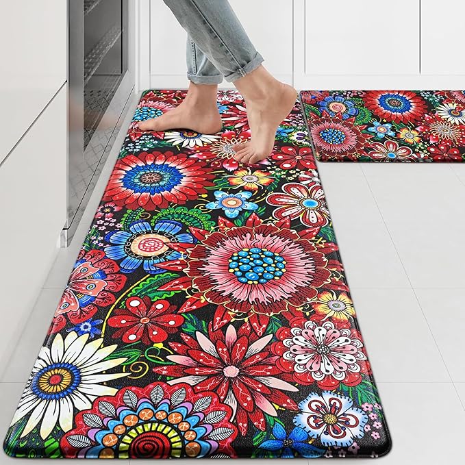 Likiyol Boho Kitchen Rugs Floral Kitchen Mats for Floor Bohemian Cushioned Anti Fatigue Mats for Kitchen Floor Non Slip Washable Kitchen Mat for Home, Sink, 18''x30''+18''x48'', Red