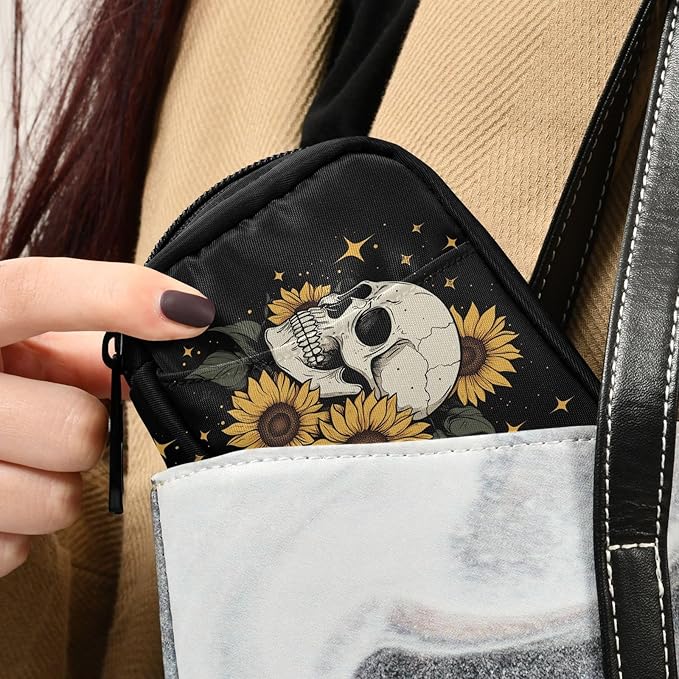 Fustylead Shining Human Skull and Sunflower Design Pill Organizer for Purse, Weekly Portable Pill Box with Zipper to Storage Vitamins Fish Oils Medications Supplements