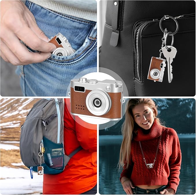 Mini Keychain Camera, FHD 1080p Mini Digital Camera with 32GB SD Card, Flash, 6 Creative Filters, 0.96" HD Display, 100 Mins Battery Life for Travel Recording Birthday Gifts (Vintage, Brown)