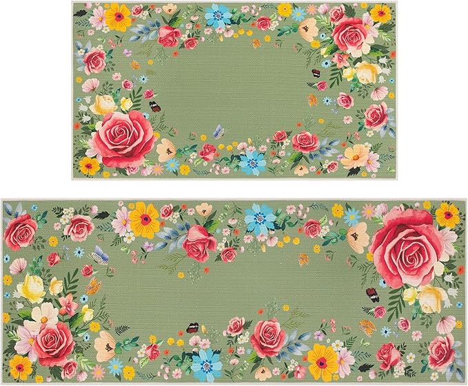 Green Floral Kitchen Mats for Floor, Red Rose Flower Boho Kitchen Rugs Sets of 2, Non Skid Washable Rubber Runner Rugs, Spring Home Decor Accessories 17x30 and 17x47 Inch