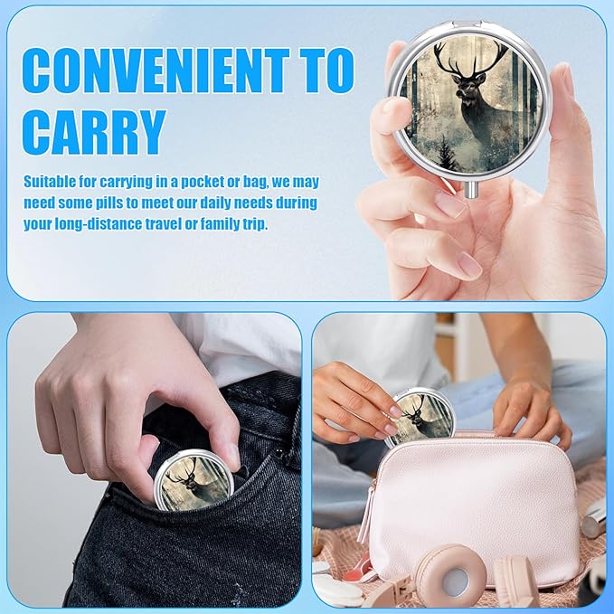 Vintage Deer Pine Tree Pill Case, Pill Box 3 Compartments Metal Small Pill Holder with Mirror Mini Travel Pill Container for Purse Pocket Women Men