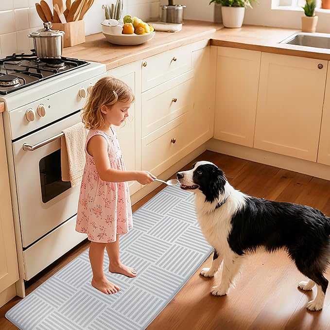 Kitchen Mats For Floor 2 Piece Cushioned Anti Fatigue Kitchen Plaid Rugs Set Non Slip Waterproof Comfort Foam Standing For Laundry,Desk,Office,Bathroom,Apartment Decor,17.3"X29"+17.3"X47",Grey