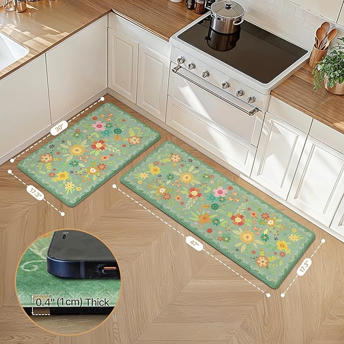 GENIMO Kitchen Mats for Floor 2PCS, Cushioned Kitchen Rugs Non Slip Washable, Farmhouse Anti Fatigue Mat Waterproof, Comfort Standing Mat Rug for Office, Home, Laundry, 17.3"x47"+17.3"x30", LightGreen