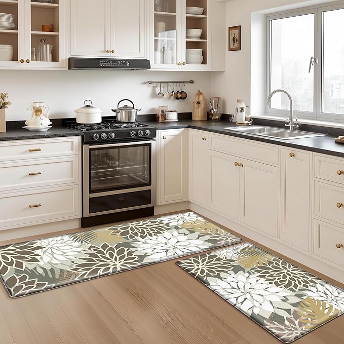 Kitchen Mats for Floor 2 Piece Cushioned Anti Fatigue Kitchen Mats Waterproof Non Slip Kitchen Mat Rug Set Comfort Foam Standing Mat for Sink, Laundry, Office, Brown White