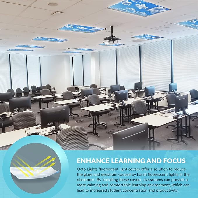 OCTO LIGHTS Fluorescent Light Covers for Classroom Office - Eliminate Harsh Glare Causing Eyestrain and Headaches. Office & Classroom Decorations - Cloud 001-2pk