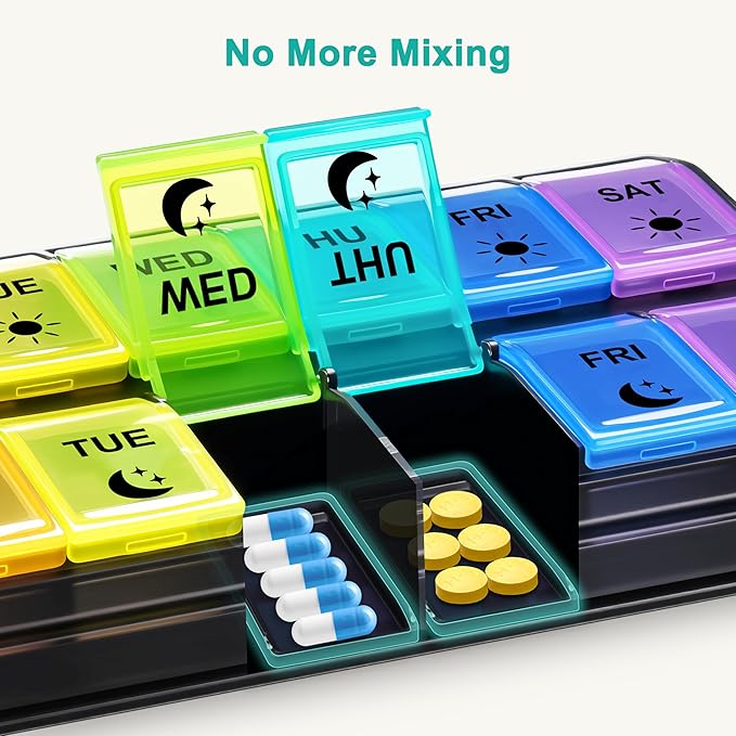 Fullicon Large-Capacity Pill Organizer 2 Times a Day, Fast-Refill Medicine Pill Organizer, Pill Box, Travel Pill Box, Medicine Organizer, AM PM Weekly Pill Case (Black Rainbow) Patent Pending