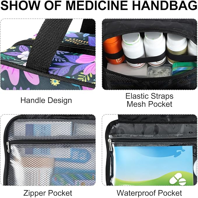 Naanle Pill Organizer Bag Travel Pill Bottle Medicine Organizer Home Storage Medication Bag for Vitamin Supplements, Purple Floral Empty First Aid Bag for Car Camping, 1.0 Count