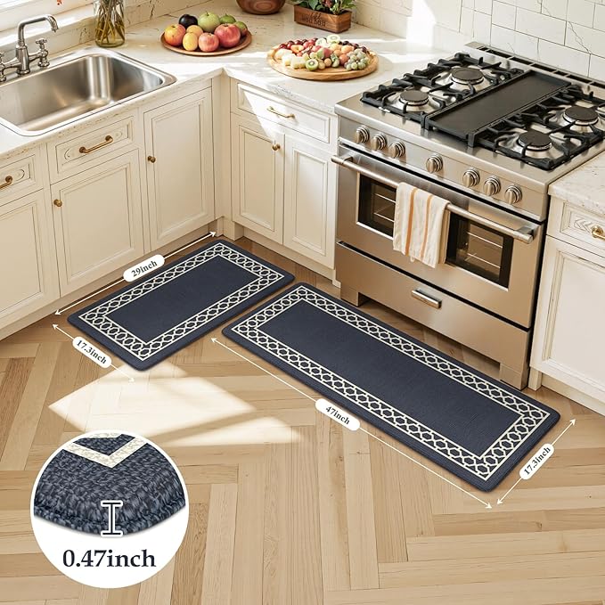 LEEVAN Kitchen Mats for Floor Set of 2,Anti Fatigue Mats for Kitchen Floor,Navy Blue Cushioned Non Slip Boho Standing Mat,Waterproof Memory Foam Comfort Kitchen Floor Mat for Sink(17"x29"+17"x47")