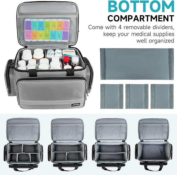 Large Pill Bottle Organizer, Double Layers Medicine Storage Bag with Lockable Zippers and Shoulder Strap,Medication Travel Bag for Prescription Bottles, Vitamins & Medical Supplies, Gray (Bag Only)