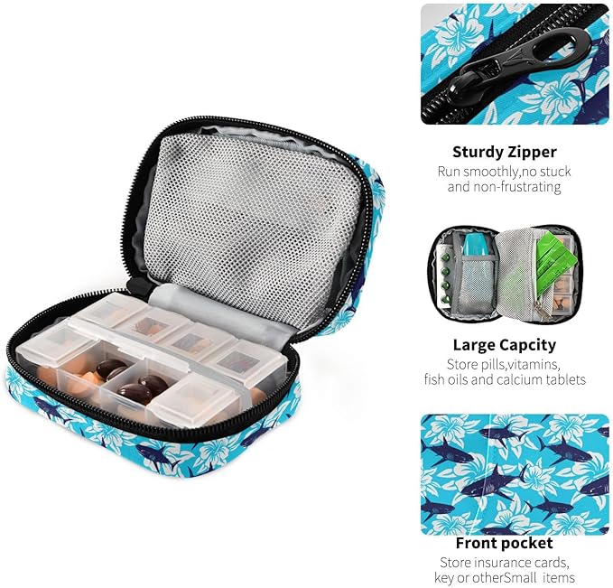 Shark Tropical Hibiscus Flower Pill Box 7 Day Pill Case Travel Pill Organizer Bag Container for Medicine with Zipper Portable Weekly Case Compact Size for Medicine, Vitamin, Supplement