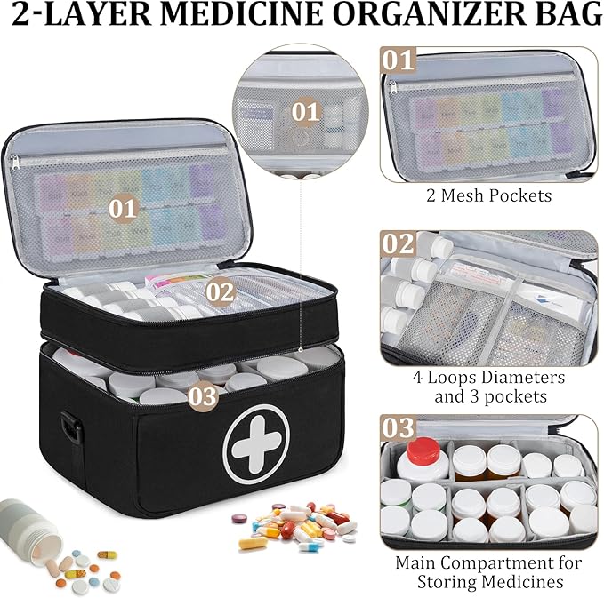 Medicine Organizer Bag, 2 Layer Pill Bottle Organizer Storage Bag Empty, Lockable Medicine Travel Bag with Adjustable Divider, Suitable for Pills, Vitamins, Fish Oil,Medical Supplies