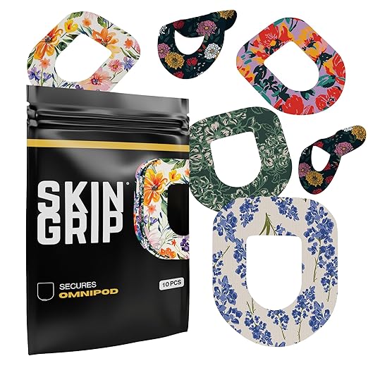 Skin Grip CGM Patches for Insulet Omnipod (10-Pack), Waterproof & Sweatproof for 10-14 Days, Pre-Cut Adhesive Tape, Continuous Glucose Monitor Protection(Floral)