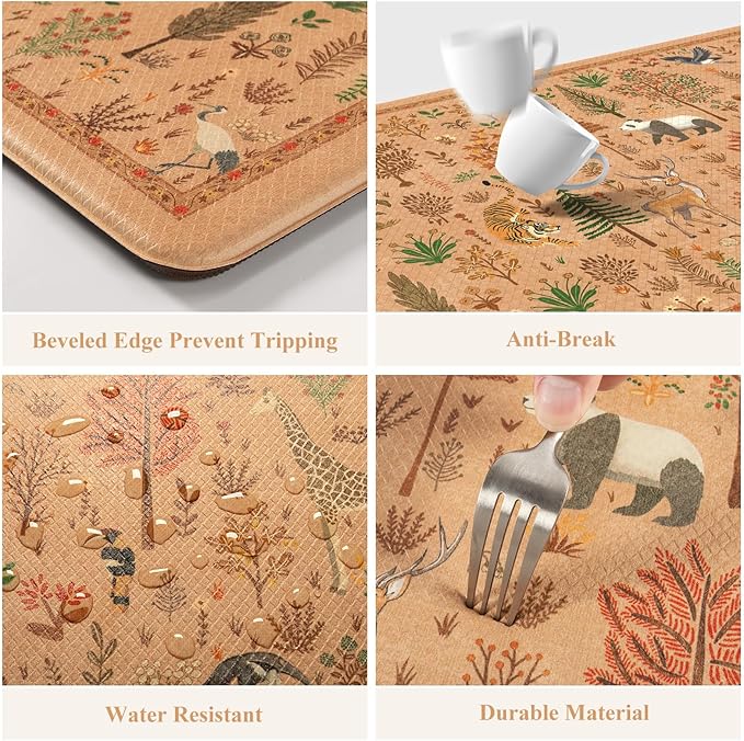 KIMODE Kitchen Floor Mats for Floor Cushioned Anti Fatigue Animal Forest Kitchen Rugs Sets of 2,Padded Memory Foam Under Kitchen Sink Mat for Laundry Decor,Orange Light Brown