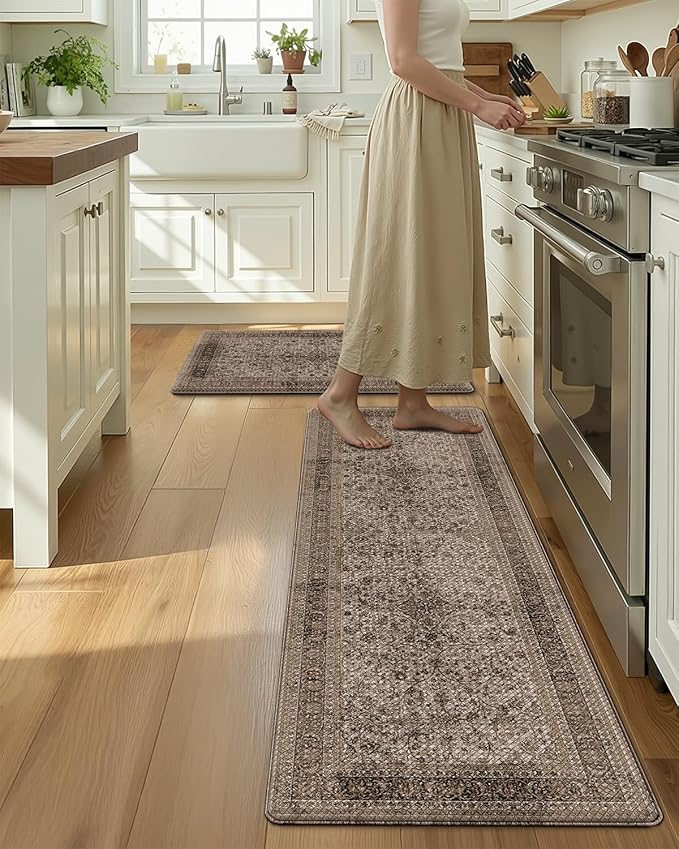 LUMI Anti-Fatigue Kitchen Floor Mats Set of 2,Cushioned Comfort Standing Rug Waterproof 2PCS, Non-Slip Ergonomic Foam Runner for Sink, Laundry, Office & Home,17x29+17x59,Khaki Garden
