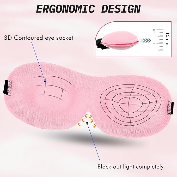 Bonuci 12 Pack Sleep Mask Blackout 3D Eye Mask for Ultralight Sleeping Night Blindfold Eye Covers with Adjustable Strap for Men Women Travel Gift Back and Side Sleeper (Pink)