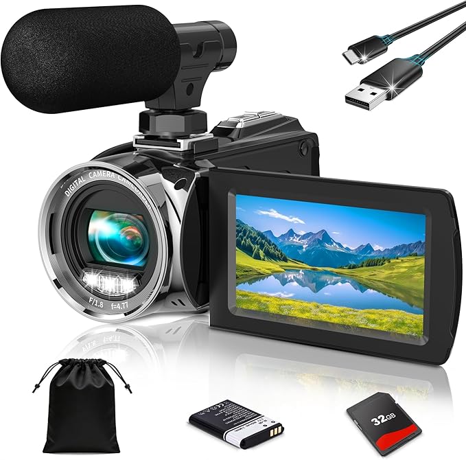 4K Video Camera Camcorder UHD 36MP Vlogging Camera for YouTube 18x Digital Zoom 3" 270° Rotation IPS Screen Video Camcorder with Fill Light, Mic, 32GB Card, Battery