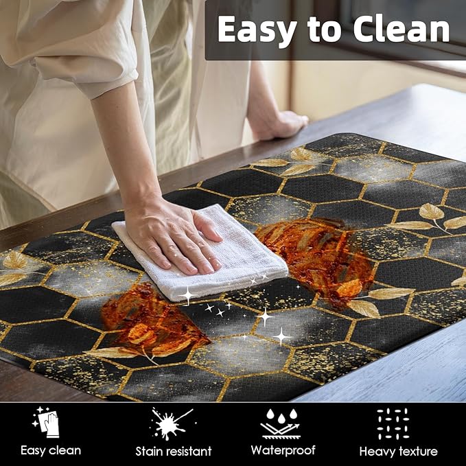 Arttown Marble Anti-Fatigue Kitchen Rug Set of 2 Black Gold Honeycomb Vintage Geometric Cushioned Floor Standing Mat Waterproof Non-Slip Kitchen Mat and PVC Ergonomic Comfort Foam Rug