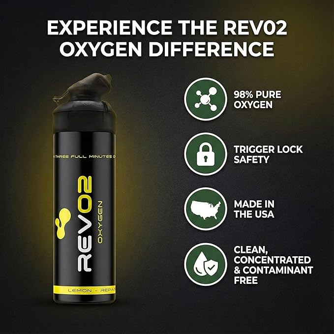 REV/O2 Oxygen Can | 98% Pure Portable Oxygen for Recovery, Immunity & Hiking | 10L Canister with Leak-Proof Mouthpiece & Trigger Lock | Natural Citrus Boost for Breathing, Energy & Wellness - Lemon