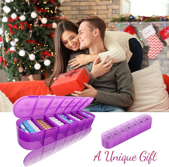 2 Layers Weekly Pill Organizer 2 Times a Day, Travel Medicine Pill Organizer, Pill Box Case 7 Day AM PM BPA-Free, Pill Container for Vitamins, Fish Oil, Supplements and Medication, Purple