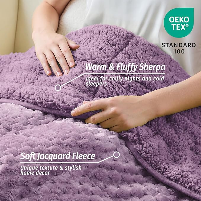 Wemore Fleece Weighted Blanket for Adults (60" x 80" 15lbs, Purple), Dual Sided Cozy Soft Sherpa Heavy Blanket, 3D Imitation Turtle Shell Warm Jacquard Flannel Weighted Blankets for Couch and Bed